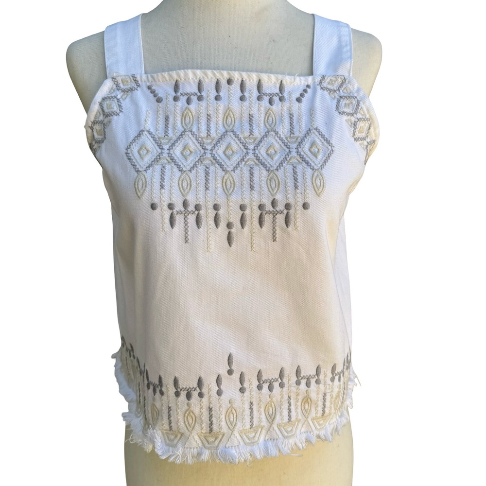 BlankNYC Boho Festival Western Denim Embroidered Crop Top Tie Back Boho White M
